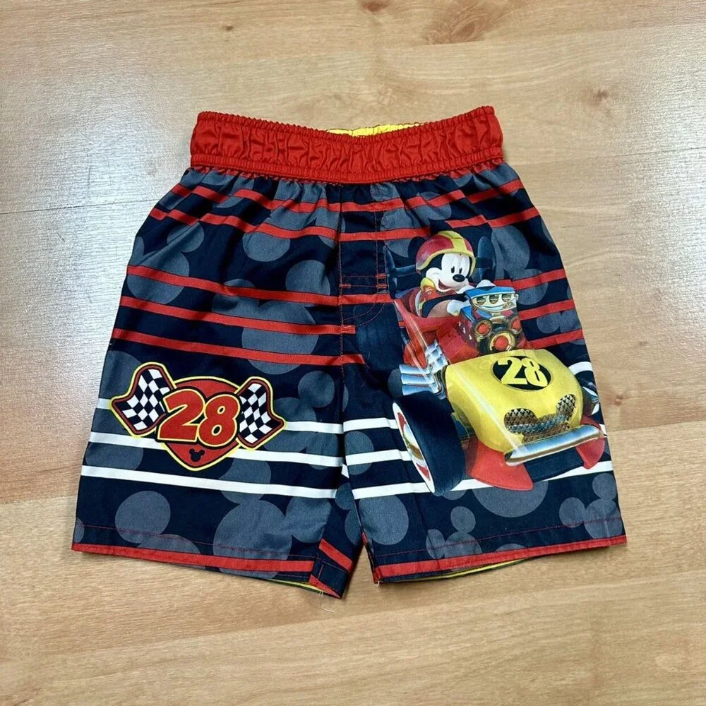 Disney Mickey Mouse Red & Black Racecar Mesh Lined Swim Trunks Toddler 3T